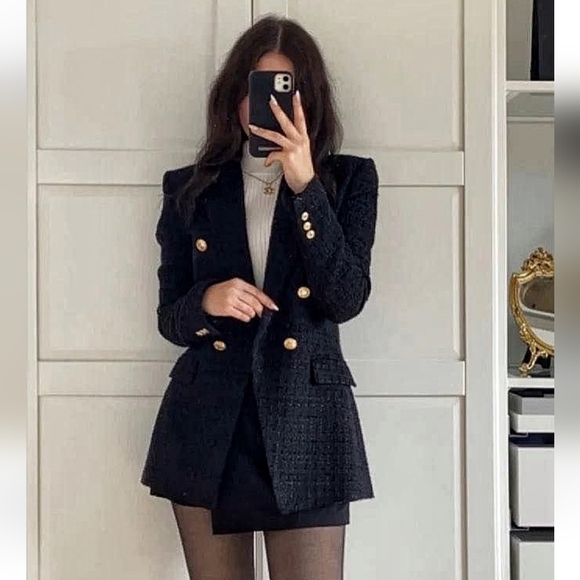 ZARA Tweed Textured Weave Double Breasted Blazer Black - Picture 2 of 15